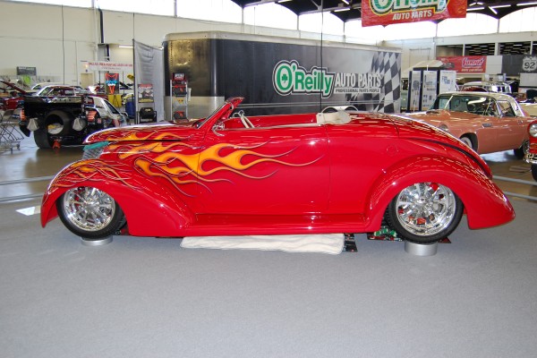 red chopped ford hot rod convertible with flame paint
