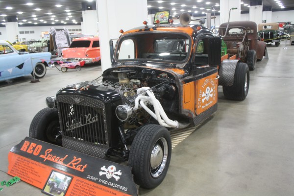 reo rat rod truck on display at indoor car show