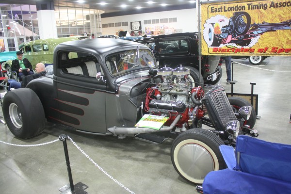 ford hot rod 3 window coupe with hi ram intake on an sbc engine