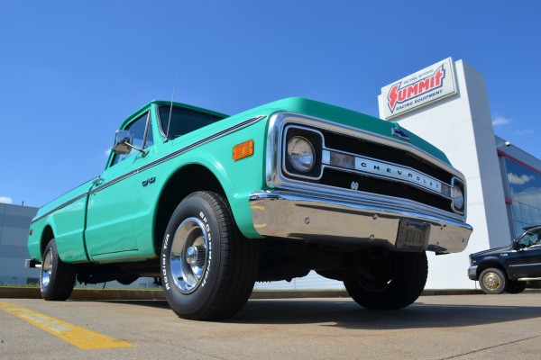 aqua green 1969 chevy c10 pickup truck, front grille
