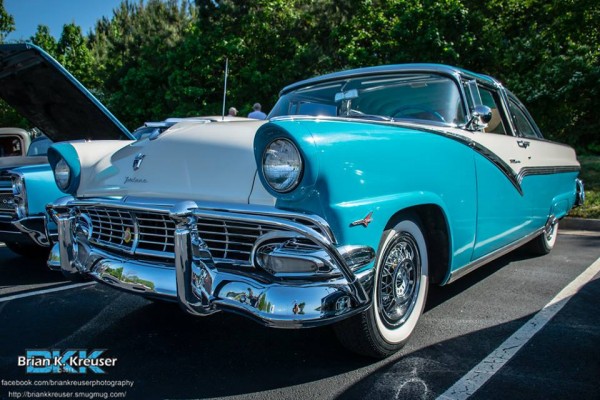 blue and white 1950s era ford fairlane coupe