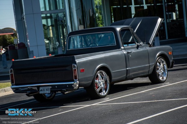 rear view of a vintage chevy squarebody pickup truck