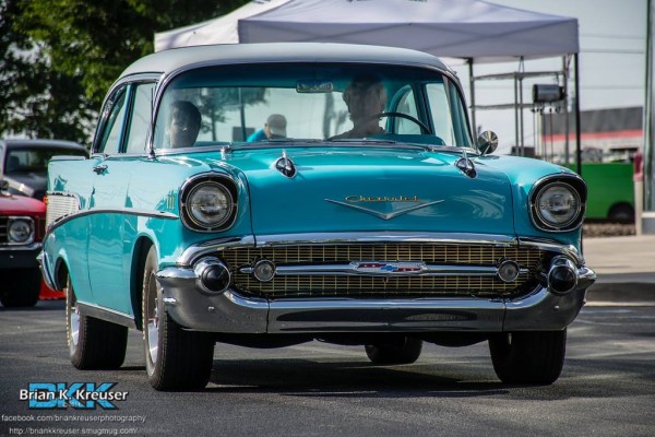 front end view of a blue 1957 chevy bel air 2 door post coupe