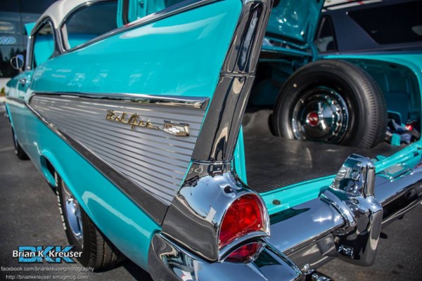 close up of a rear tailfin on a 1957 chevy bel air