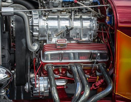 supercharged small block chevy v8 engine in a hot rod