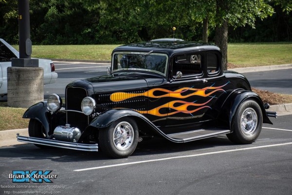 flamed ford five window hot rod coupe