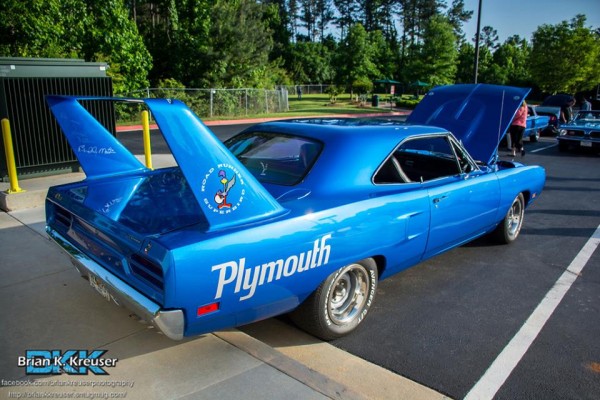 rear view of a blue 1970 plymouth roadrunner superbird