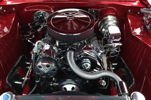 chromed out v8 engine in a classic show car