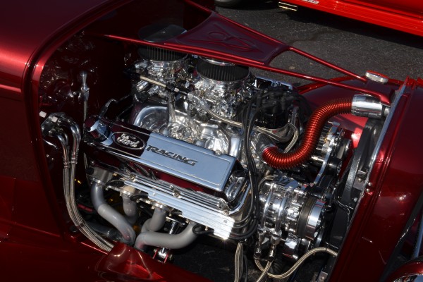 ford racing v8 engine in a custom hot rod show car