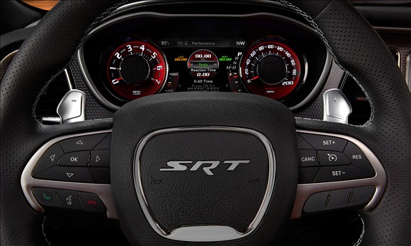 steering wheel and dash display of a late model dodge srt challenger hellcat