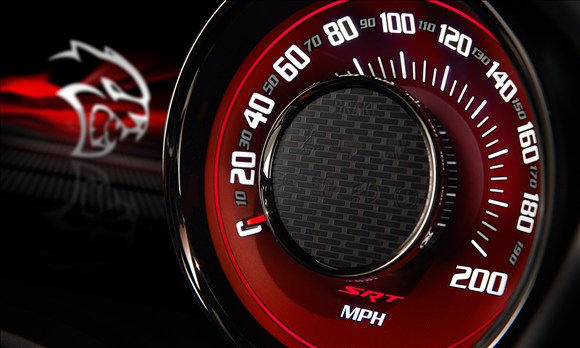 speedometer of a 2015 dodge srt challenger hellcat