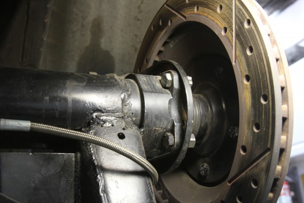 rear view of an axle and brake hub