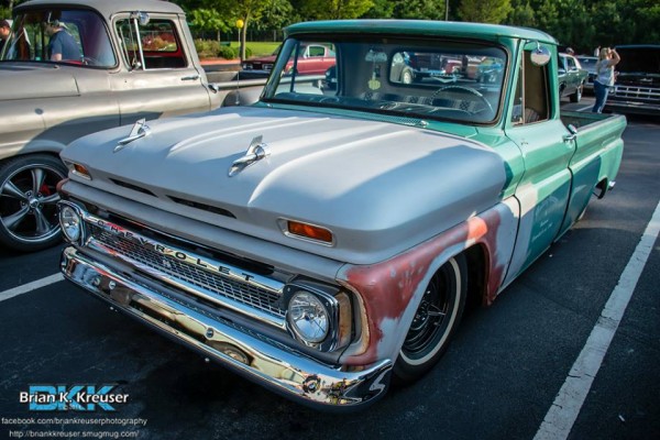1960s era chevy truck with tri-5 style hood spears