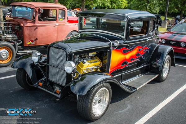 black ford flamed five window hot rod coupe