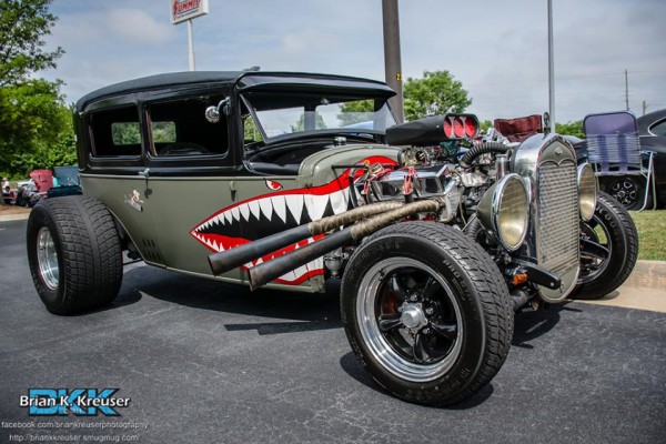 a flying tigers themed hot rod coupe