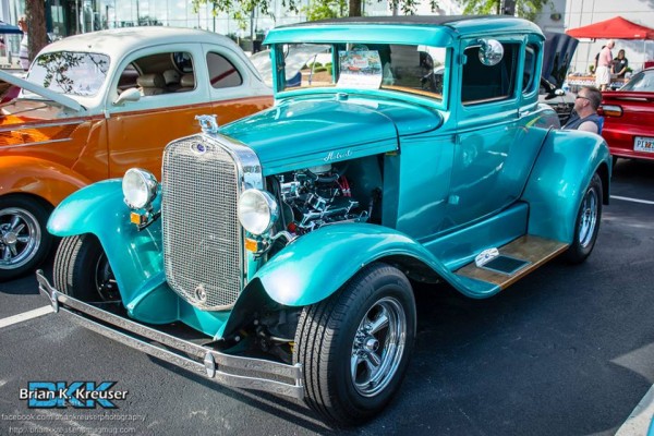 blue ford five window hot rod coupe