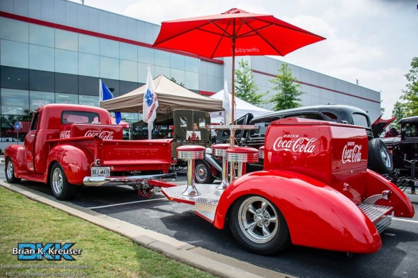 vintage coca cola themed hot rod and trailer