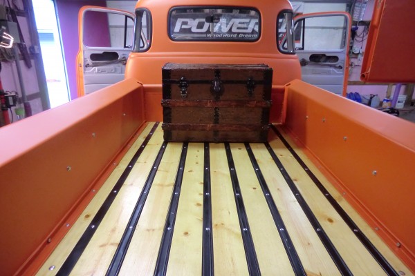 wooden pickup bed in a 1953 chevy truck