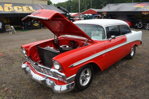 red and white 1956 chevy hot rod coupe