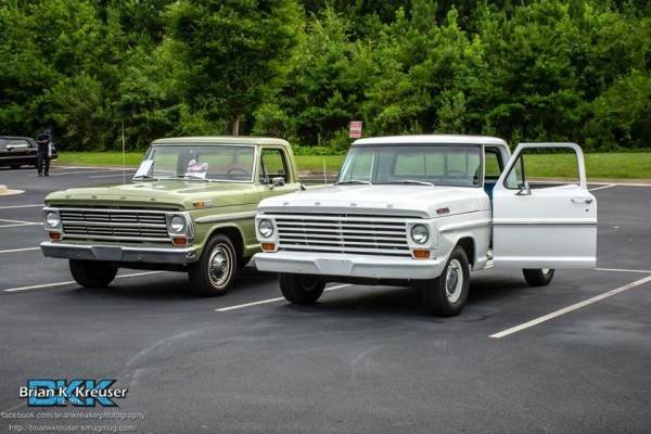 a pair of vintage ford pickup trucks from the 1960s