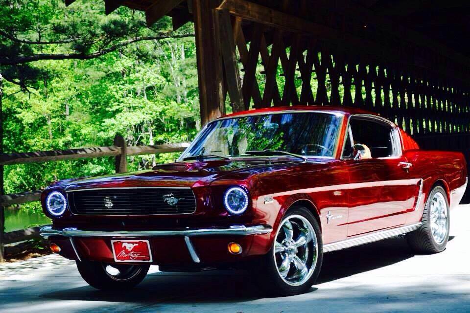 first gen ford mustang fastback coupe near covered bridge