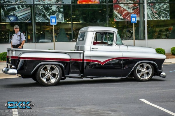side profile view of a classic chevy truck with custom paint
