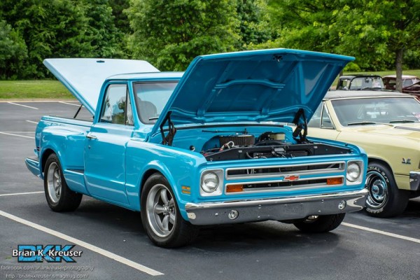 blue custom chevy c10 pickup truck from the 1960s