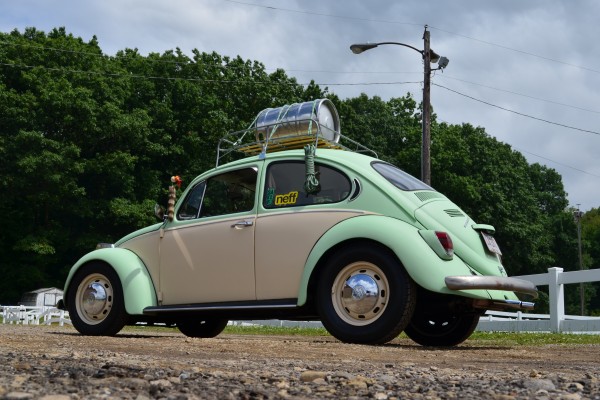 Customized VW Beetle with a beer keg on the roof