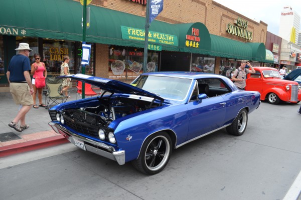 blue custom chevy chevelle on street at 2014 Hot August Nights in Reno, NV