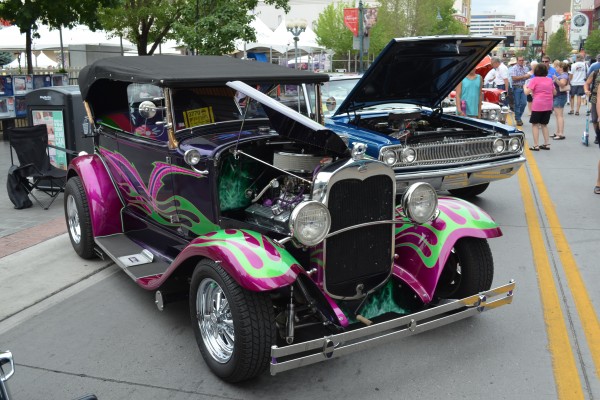 customized phaeton ford hot rod parked on street during hot august nights 2014