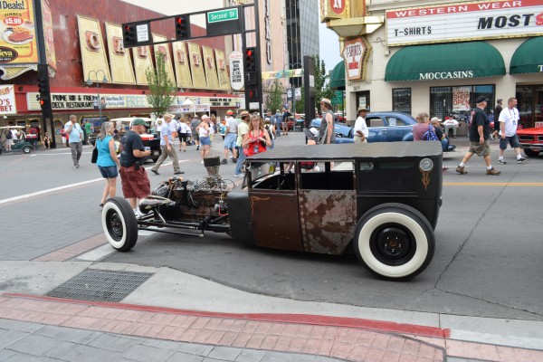 rat rod driving on streets of Reno Nevada at hot august nights 2014