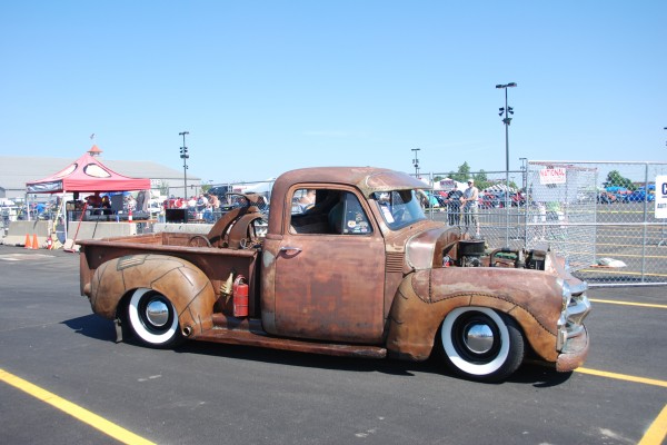 lowered and patina'd chevy 3100 pickup truck