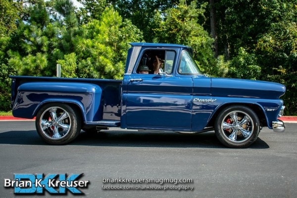 side profile shot of a customized chevy c10 vintage pickup truck
