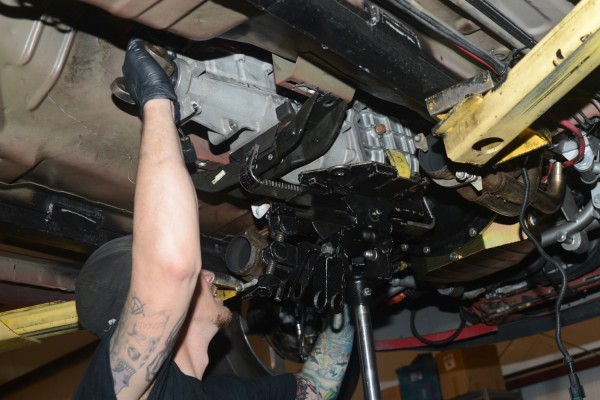 jacking up a transmission for install into a mustang