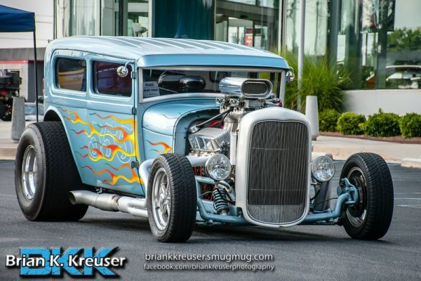 lowered, flamed ford tudor hot rod coupe