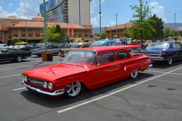 red late 1950s custom chevy station wagon