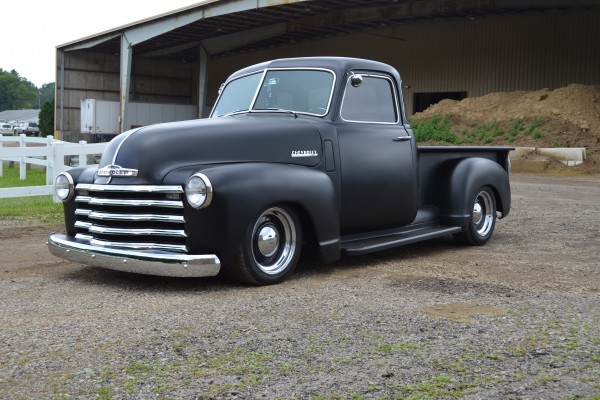 side view of a hotrod 1949 chevy 3100 truck