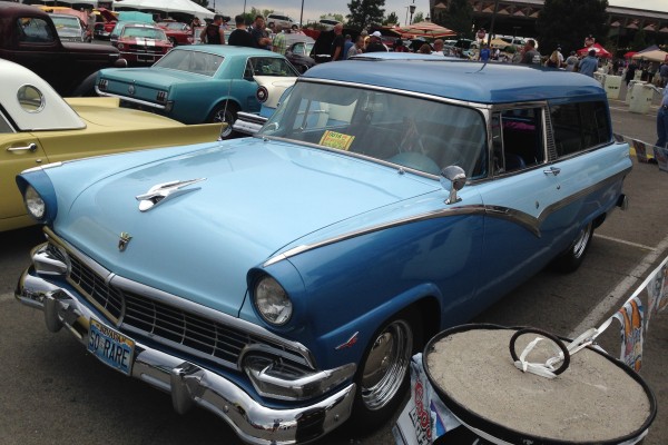 1950s era ford station wagon in two tone blue