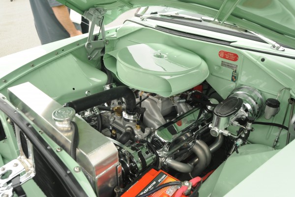 small block chevy v8 engine in a 1953 Plymouth Suburban Wagon restomod