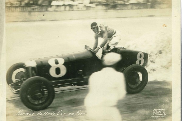 Vintage Photo of Norman Batten's prewar Indianapolis 500 race car on fire