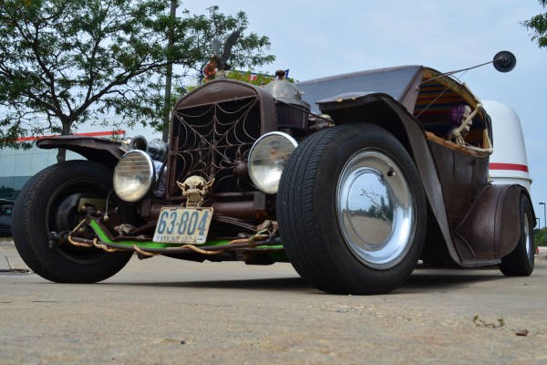 low profile shot of an old rat rod