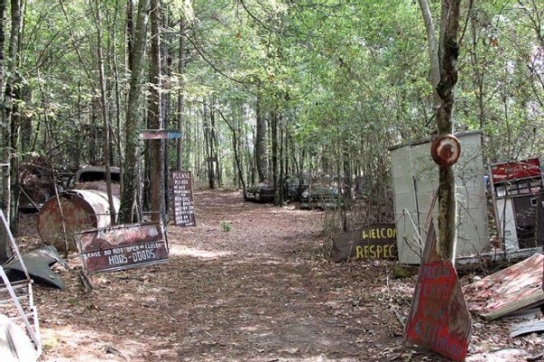 entrance to a wooded scrapyard in a forest