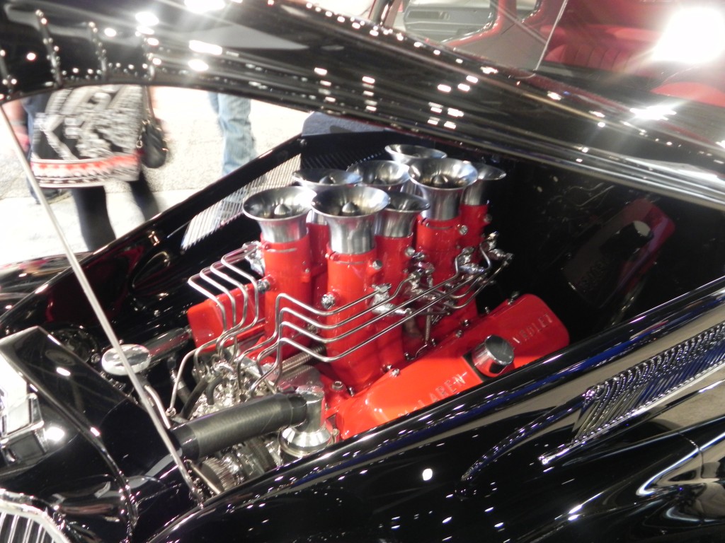 engine with EFI velocity stacks in a classic hot rod