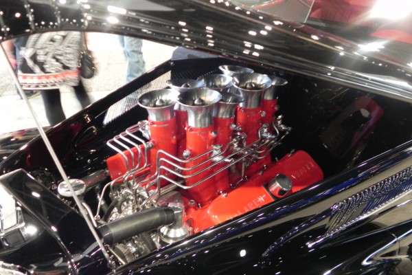engine with EFI velocity stacks in a classic hot rod