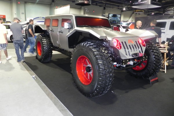 heavily modified jeep wrangler on display at SEMA 2014 Automotive trade show