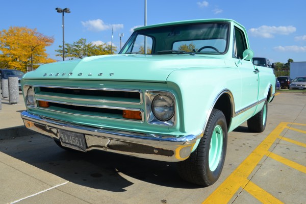 Seafoam green 1967 Chevy C10 Custom Pickup truck, front bumper and grille