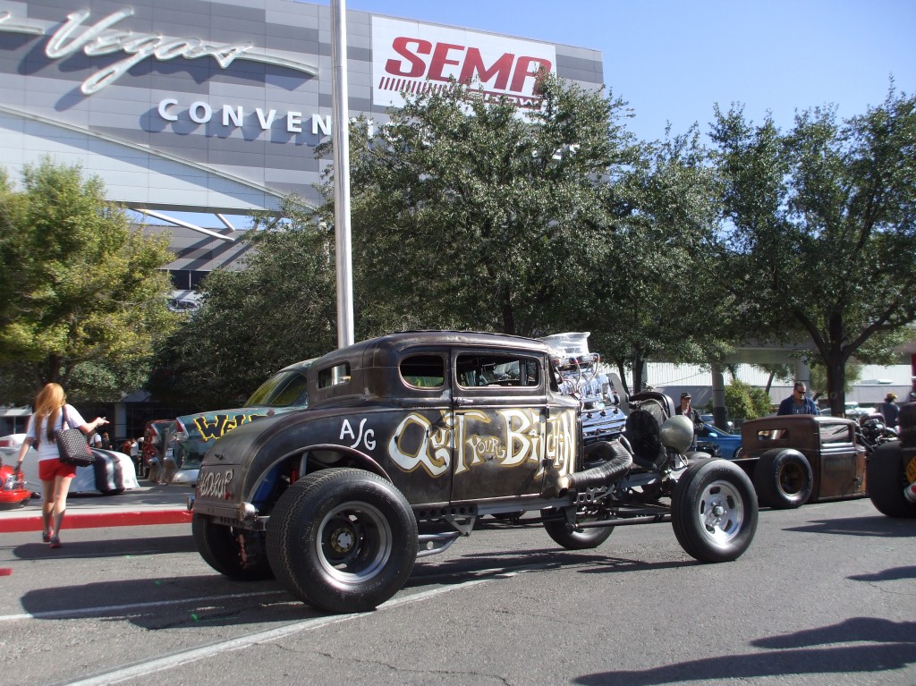 hot rod displayed outside sema event hall in 2014