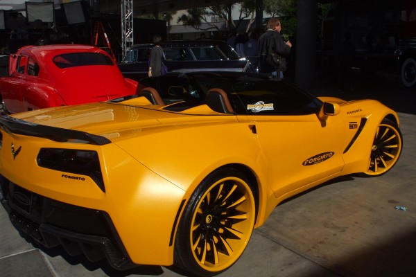 yellow customized c7 chevy corvette on display at 2014 SEMA Trade Show