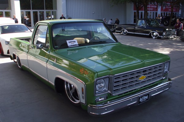 green custom chevy c10 lowrider on display at 2014 SEMA Trade Show