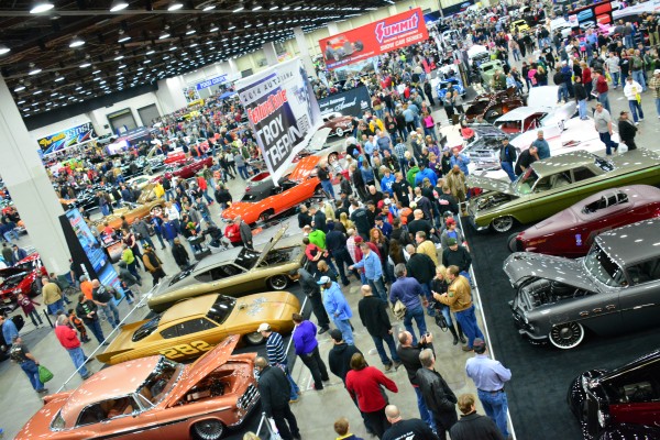 overhead view of a large indoor car show